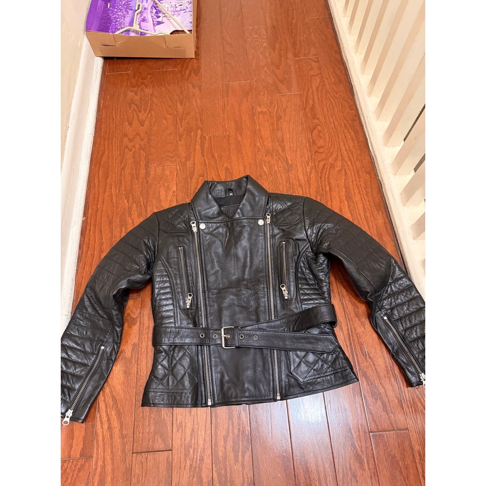 Noora‎ Womens Black 100% Pure Leather Moto Biker Jacket Quilted Belted XS